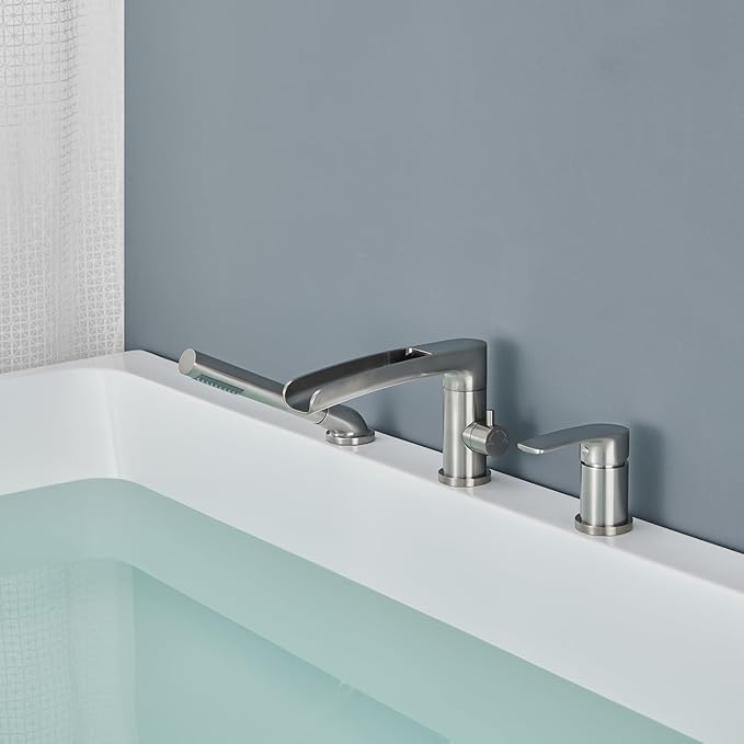 Waterfall Roman Tub Faucet Brushed Nickel Deck Mount Bathtub Faucets Brass Tub Filler Bathroom Faucets with Hand Shower