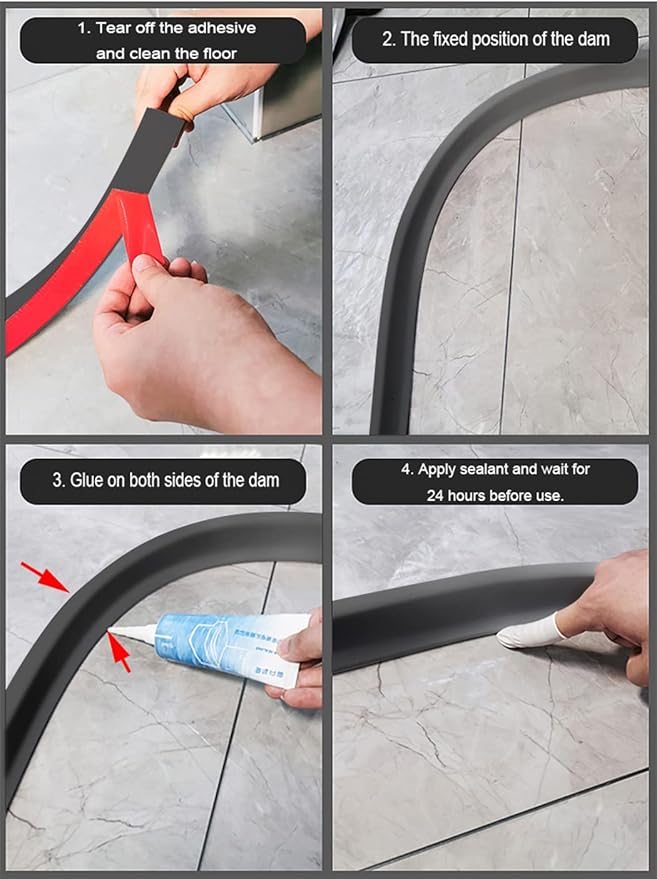 118Inch Collapsible Shower Threshold Water Dam 2" High Shower Barrier Water Stopper 2" Tall Shower Water Guard To Keep Water In Shower Dry And Wet Separation Bathroom Wheelchair Accessible Black