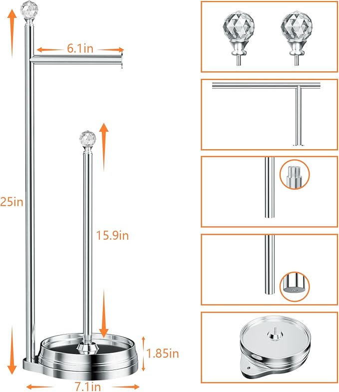 Toilet Paper Holder for Bathroom, Heavy Weighted Metal Free Standing Toilet Paper Holder Stand with Crystal Ball, Toilet Paper Roll Stand for Bathroom Accessories
