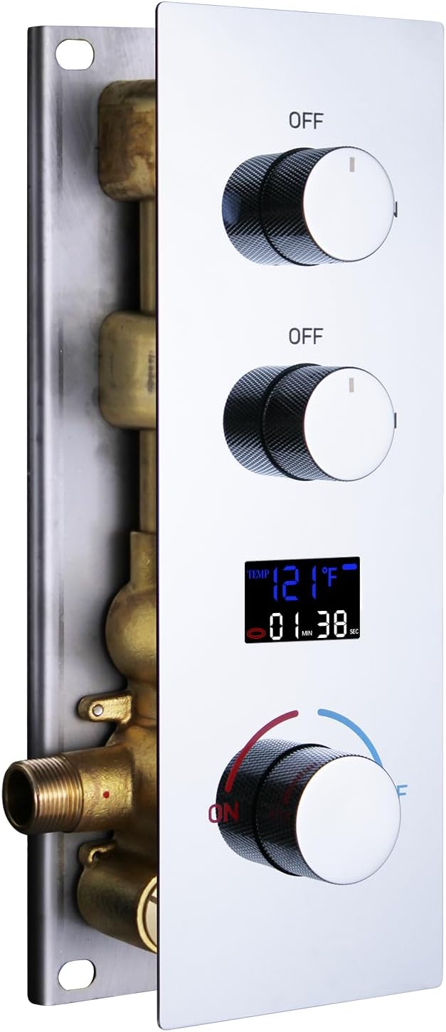 AYIVG Shower Diverter Valve Chrome Solid Brass Pressure Balance Diverter Valve 2 Way Digital Display Diverter Shower Valve Temperature Control Valve with Individual On Off Flow Control Shower Valve