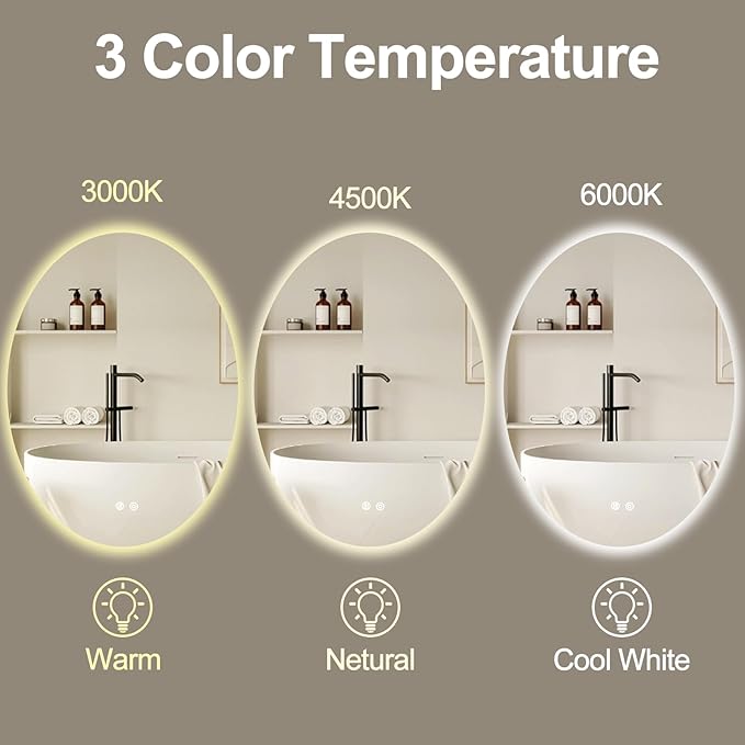 32 X 24 Inch Oval Backlit LED Bathroom Mirror Anti-Fog 3 Colors Light Dimmable Wall Mounted Lighted Bathroom Vanity Mirror Smart Makeup Mirror with Touch Switch