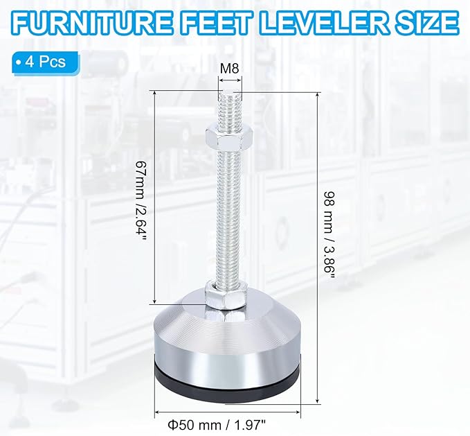 PATIKIL Furniture Leveling Feet 2" Dia Base M8 Thread, 4 Pcs Carbon Steel Adjustable Threaded Furniture Levelers Screw on Leg Leveler with Pads for Desk Chair, Black