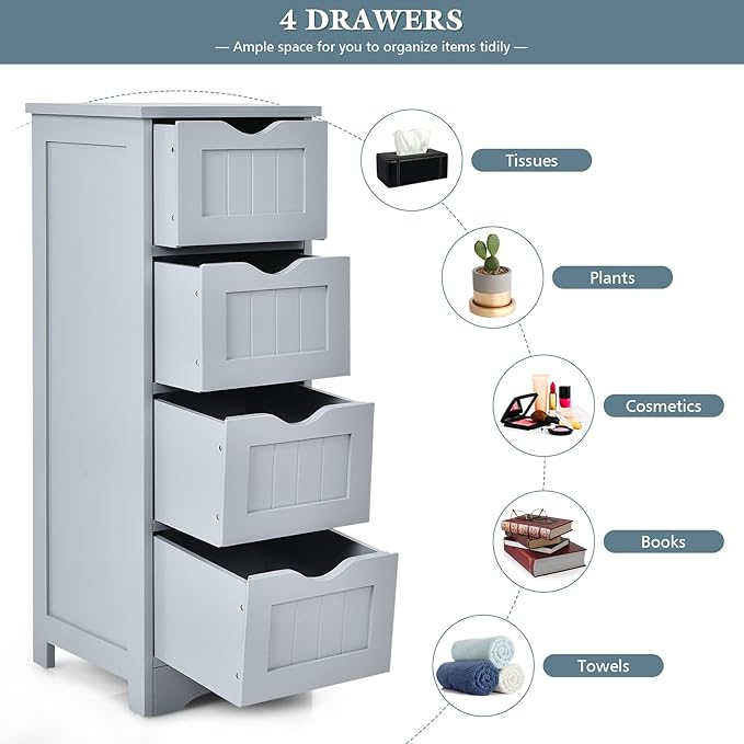 Tangkula Bathroom Floor Cabinet with 4 Drawers, Wooden Storage Cabinet w/Anti-Tipping Device, Freestanding Side Cabinet for Bathroom Home Office, 12 x 12 x 32.5 Inch (Grey, 4 Drawers)