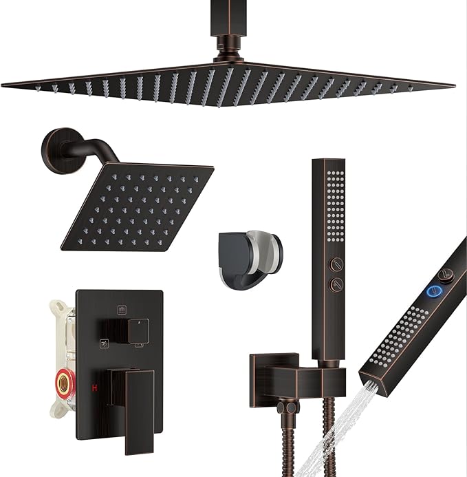 Shower Faucet Set, Ceiling Mount Shower System 12"+6" Dual Shower Head Set with 2 in 1 Handheld Spray Rain Shower Heads with Rough-in Valve and Shower Trim Kit, Oil Rubbed Bronze