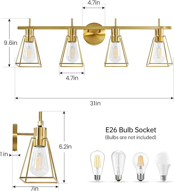 Industrial Bathroom Vanity Lights: 4-Lights Gold Brushed Brass Vintage Metal Cage Wall Lamps - Rustic Farmhouse Light Fixture Over Mirrors Cabinet for Painting Hallway