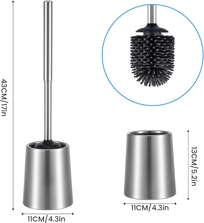 Stainless Steel Toilet Brush and Holder Toilet Brush Bowl Cleaning Brush Double Layer Holder Long Brush Handle High Density Silicone Head
