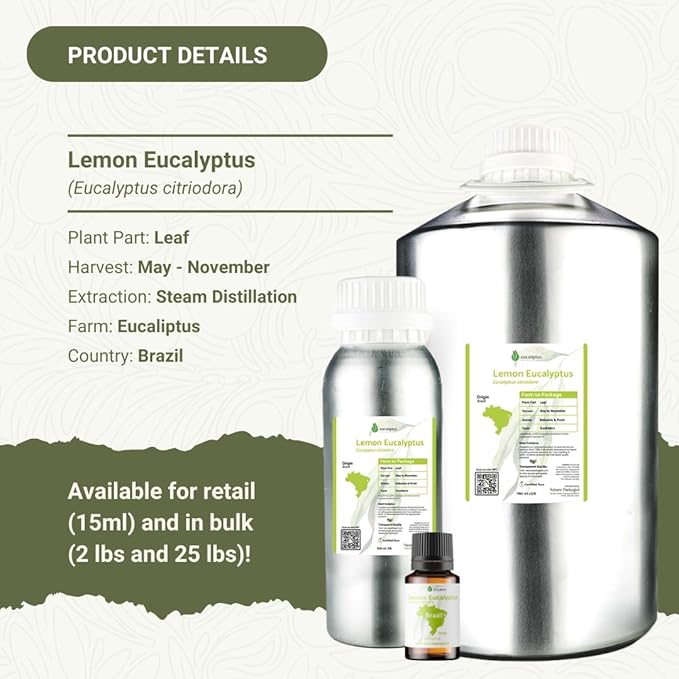 Lemon Eucalyptus Oil by Eucaliptus from Brazil - Pure Lemon Eucalyptus - 100% Pure Steam Distilled Natural Aceite de Eucalipto Limón - Aromatherapy - Premium Therapeutic Grade (2lbs)