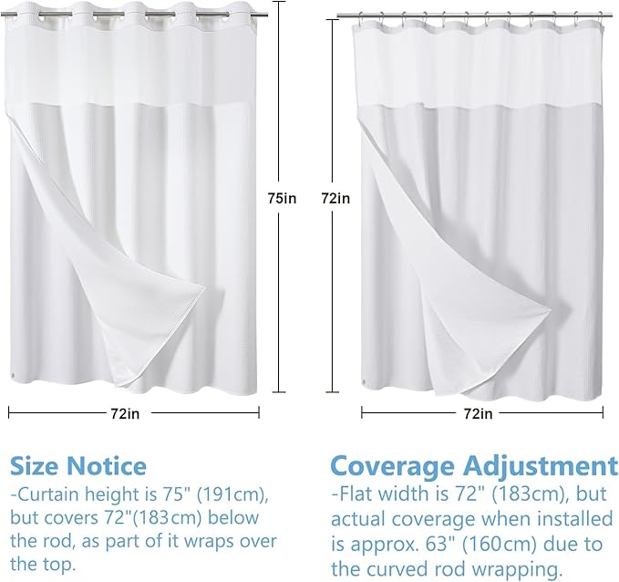 VANZAVANZU Hookless Shower Curtain with Mesh Top and Snap in Waterproof Liner, Waffle Weave, Weighted Magnets Hem, Machine Washable, 72 x 75 Inches – (White)