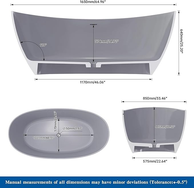 65" Premium Solid Surface Free Standing Bathtub, Upgraded Light Grey Design Stone Resin Soaking Tub with Overflow and Pop-up Drain