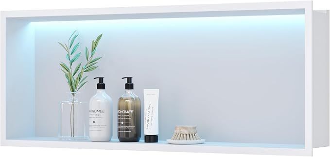 30X12 RGB Shower Niche, White Stainless Steel LED Wall Recessed Organizer, No Tile Needed Wall Niche for Bathroom Storage Built-in Installation