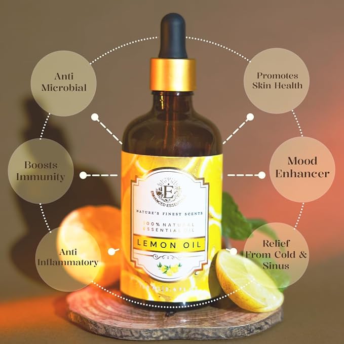 Luxurious Lemon Essential Oil by Enhanced Essentials| Organic & Pure| for Home Cleaning & Fragrance,Diffusers,Skin & Hair Care,Aromatherapy,Soap & Candle Making|with Glass Dropper|3.38 fl oz (100 ml)