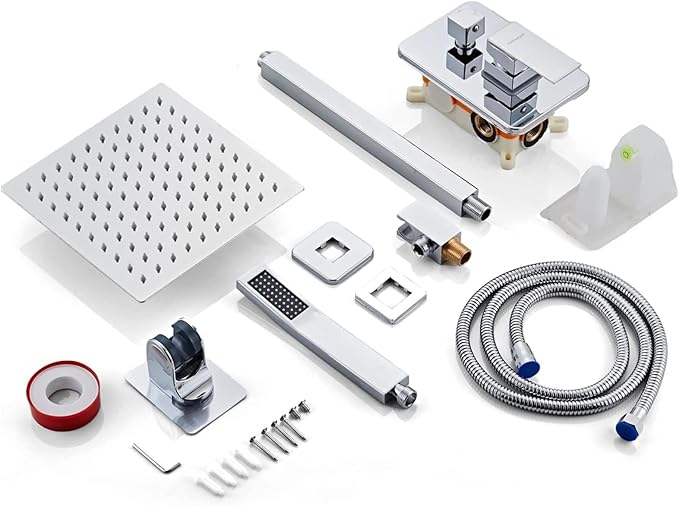 10 Inch Ceiling Mount Shower Faucet Set, Silver Rainfall Shower System with Valve Trim, Square Rain Shower Spray Combo Luxury Shower Fixtures Polish Chrome Shower Head and Handle Set