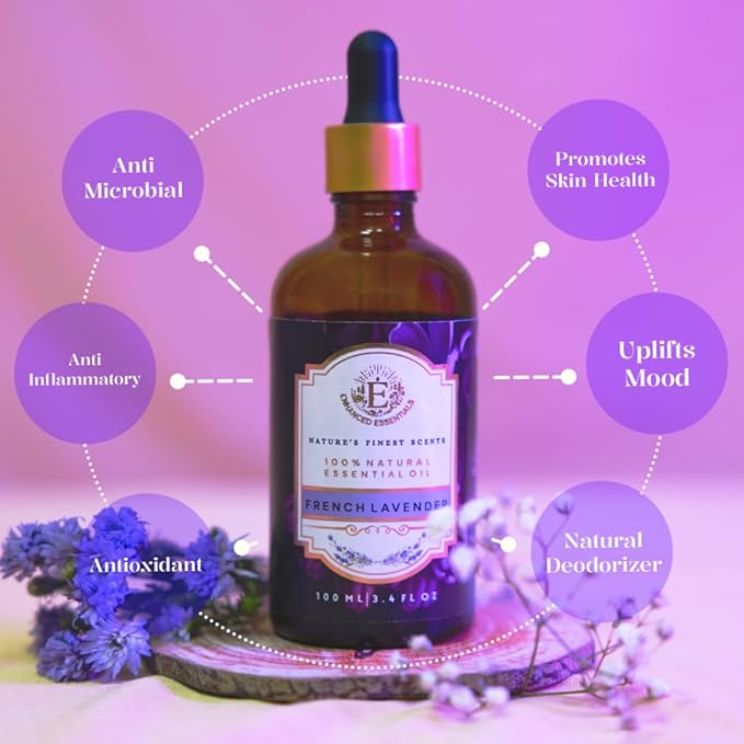Luxurious French Lavender Essential Oil by Enhanced Essentials|with Glass Dropper|Slow Distilled & Pure| for Home,Diffusers,Skin Care,Aromatherapy,Massage,Soap & Candle Making|3.38 fl oz (100 ml)