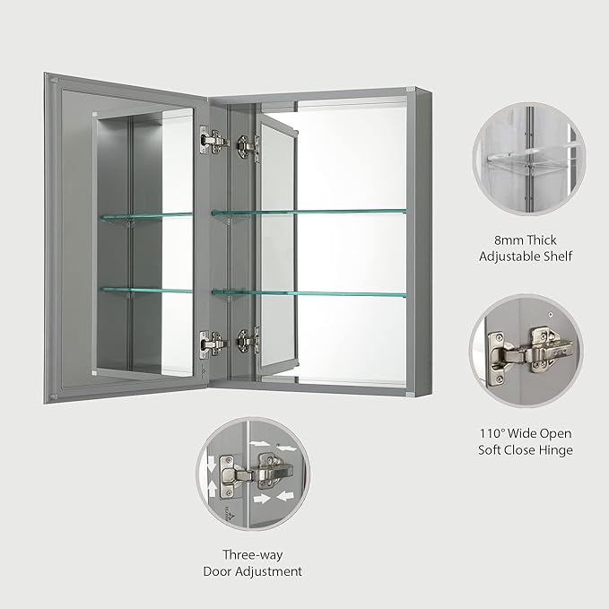 Blossom 16x20 Inch Aluminum Medicine Cabinet with Mirror – Recessed or Surface Wall Mounted Bathroom Storage with Adjustable Glass Shelves, Soft Close Hinges, Rust-Resistant and Modern Mirrored Design