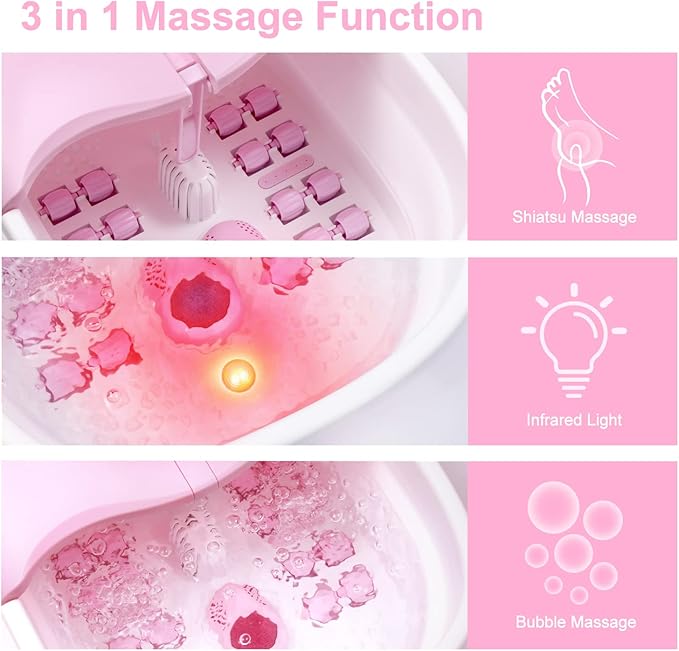 Collapsible Foot Spa Bath Massager with Heat Bubbles and Vibration Massage and Jets, 16oz Tea Tree Oil Foot Soak Epsom Salt, WHALSTAR Foot Bath Bucket With Red Light & Remote - PINK