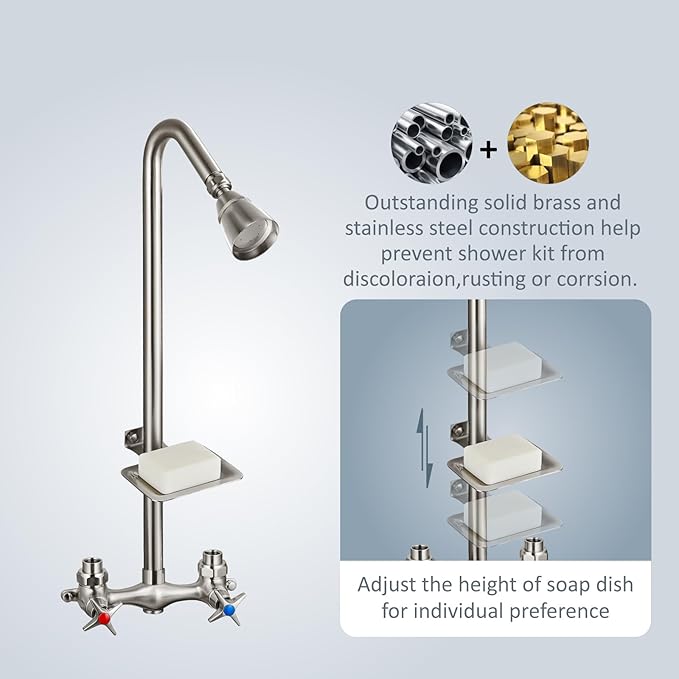 Aolemi Outdoor Shower Kit,Outdoor Shower Fixtures Faucet System with Brass Showerhead,Double Handle Exposed Shower with Brass Mix Valve,6 Inch Center with Soap Dish,Pipe Upward,Brushed Nickel