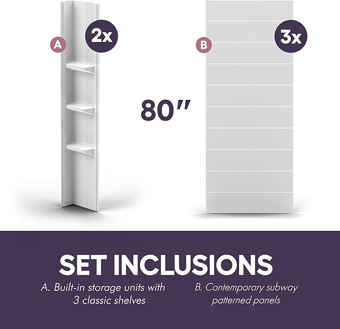 White Acrylic Shower Wall Surround 36"x 60"x 80" - Waterproof, Easy-to-Install, Two Shelf Units Kit Included - Shower Wall Surround Panels - Stacked Tiles Pattern, Classic Shelves