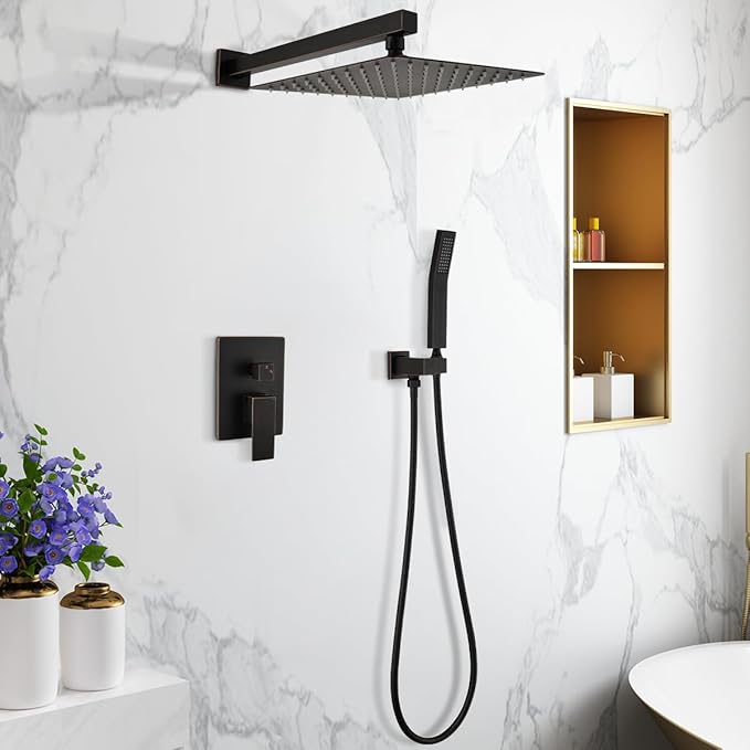 WELLFOR10-in Wall Mounted Shower Faucet Set Dual Head Built-In Shower Faucet System, 2.5 GPM, Bathroom Shower Faucets Sets Complete with 2-way Diverter & Pressure-balanced Valve, Oil-Rubbed Bronze