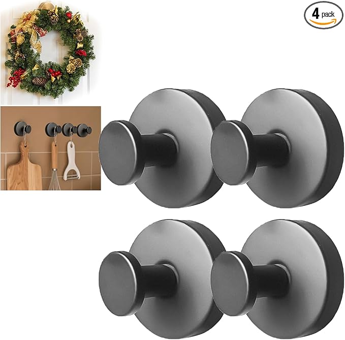4Pcs New Model No-Drill Suction Cup Hooks for Door Wreaths, Wreath Hangers for Front Door, Suction Cup Hooks for Shower, Removable, Waterproof & Rustproof (Black)