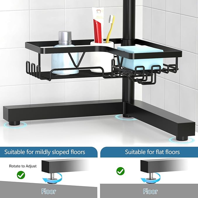 KEGII Corner Shower Caddy Standing – 4-Tier Shower Shelf Organizer with Hooks & Soap Holder, Free-Standing Bathroom Storage Rack for Shampoo & Toiletries, Black