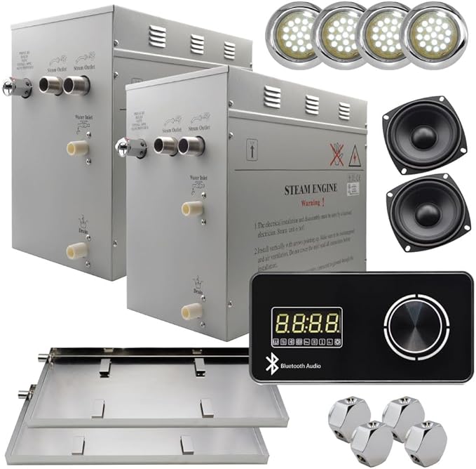 Superior Encore Plus 24kW Steam Shower Generator Kit with Horizontal Black Keypad, Drip Pans & White Lights | Bluetooth Audio|Self-Draining Steam Bath Generator|One-click Connection Cord|