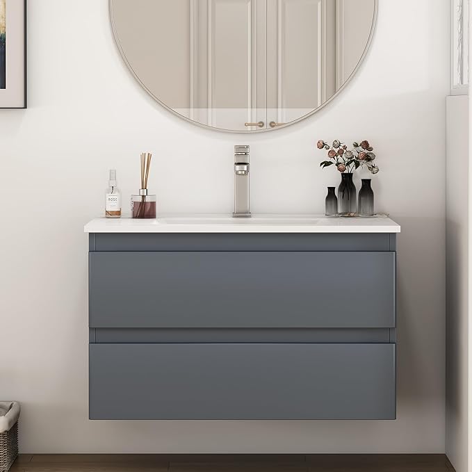 32" Wall Mounted Bathroom Vanity with Sink, Modern Dark Grey Floating Cabinet, Solid Plywood with Round Edges, 2 Soft Close Drawers, Handleless Design, Ceramic Top