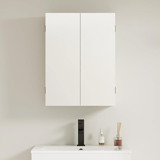 eclife 24" Bathroom Medicine Cabinet W/Mirror, Double Doors Bathroom White Wall Mount Mirror Cabinet, Hanging Triple Shelf Storage Cabinet Opens Left and Right