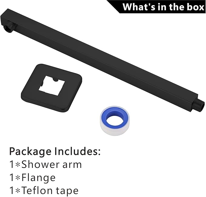 Voolan 16" Square Shower Arm with Flange and Teflon Tape, Extension Shower Head Arm for Bathroom Fixed Shower Head, Solid Stainless Steel, Wall Mounted (Matte Black)