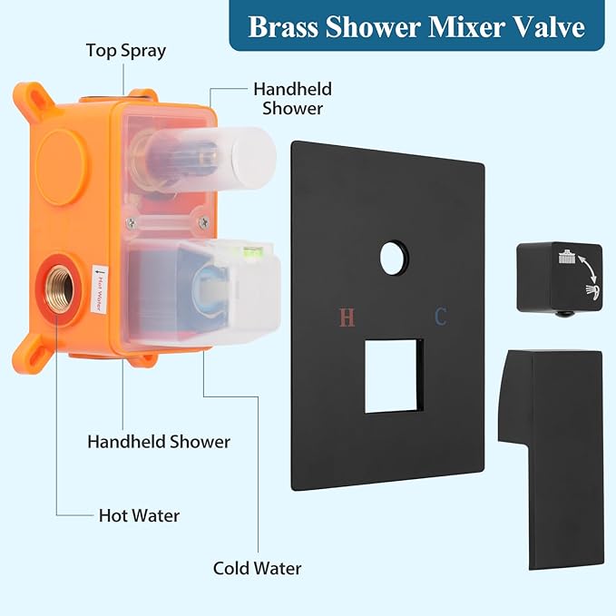 Matte Black Square Shower Head with Handheld Set, Rainfall Shower System Modern Wall Mounted Shower Faucet for Bathroom 12 inch (With Shower Valve)