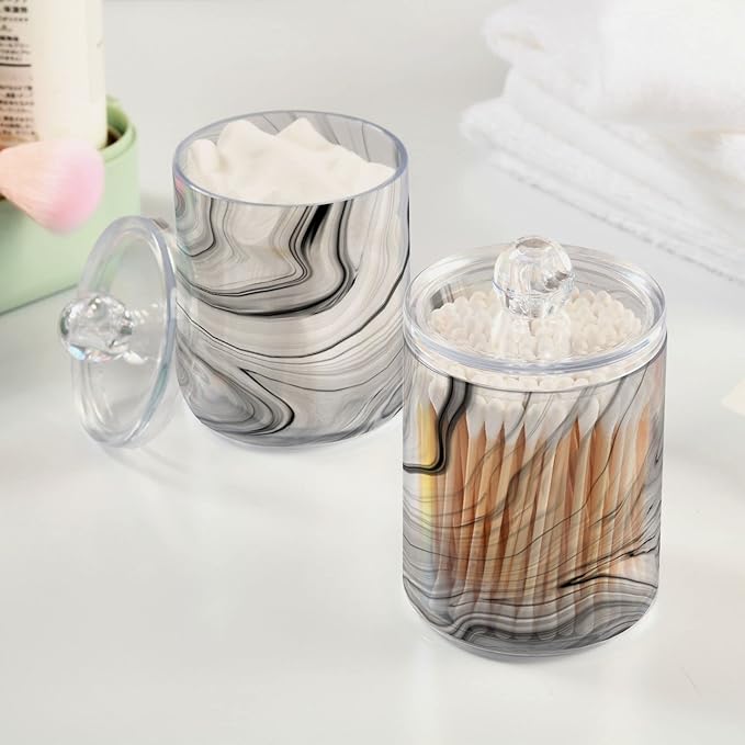 MNSRUU 2 Pack Qtip Holder Organizer Dispenser Fashion Grey Marble Bathroom Storage Canister Cotton Ball Holder Bathroom Containers for Cotton Swabs/Pads/Floss
