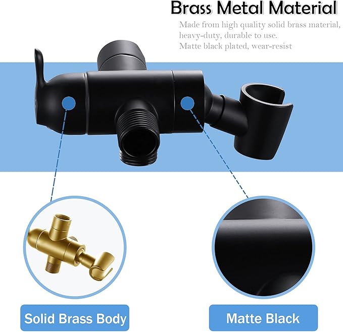 Shower Arm Diverter with Handshower Mount, G1/2 Brass 3 Way Shower Diverter Valve Bathroom Universal Shower System Replacement for Handheld Shower and Fixed Shower Head(Matte Black)