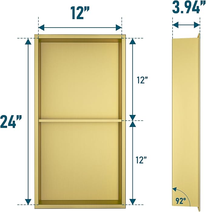 Neodrain Shower Niche Double Shelf Stainless Steel No Tile Needed Bathroom Niches Recessed in Wall, 2-Tier Recessed Wall Niche Waterproof Cubby(12X24Inch Golden)