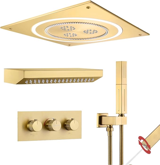 VANFOXLE Shower Faucet Set Brushed Gold Shower System,Shower Faucet with 2 in 1 Handheld,Ceiling Mount 19 Inch Shower Head+14 Inch Shoulder massager