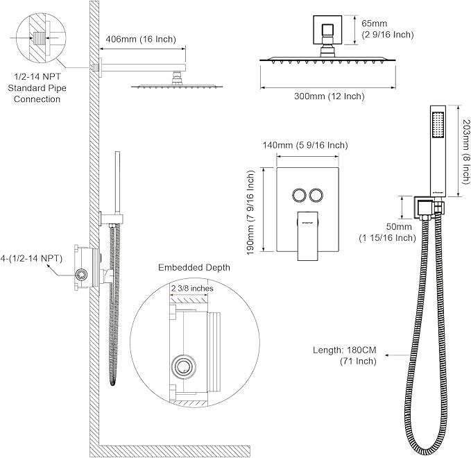 Shower System Shower Faucet Set with Push-Button Diverter and Wall Supply Elbow 12 Inch Shower Head Brushed Nickel