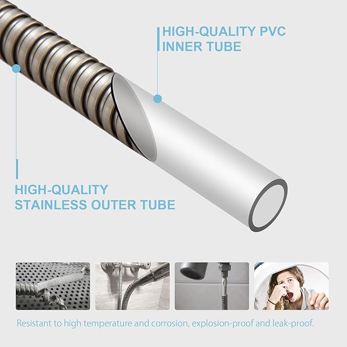 OFFO Shower Hose, Brushed Nickel Kink Free Stainless Steel Shower Hose Attachment Electroplating Handheld Shower Head Hose Flex Hoses Extension with Brass Insert & Nut for Pet Bathing Cleaning 60 in
