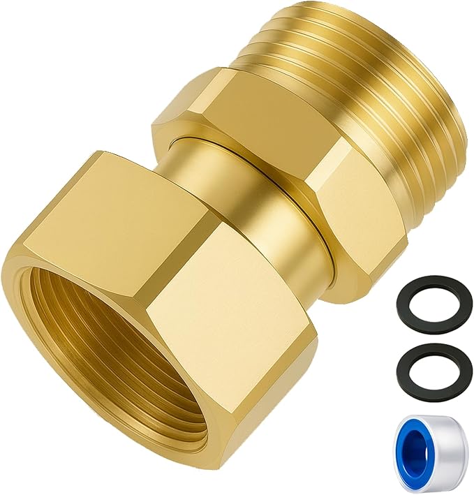 Garden Hose Swivel Connector, 3/4" GHT Brass Swivel Hose Connector, 360° Male to Female Hose Adapter, Anti-Kink Garden Hose Fittings, No-Leak Design with Washer and PTFE Tape