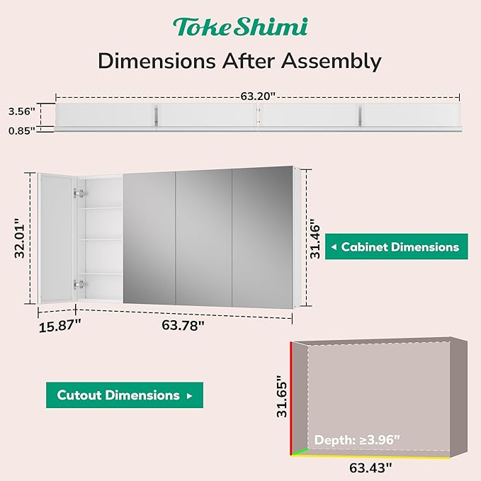 TokeShimi 64x32 Bathroom Medicine Cabinet with Mirror Tempered, Aluminum White Mirrored Medicine Cabinet Recessed or Surface Mount with Adjustable Storage Metal for Modern Farmhouse