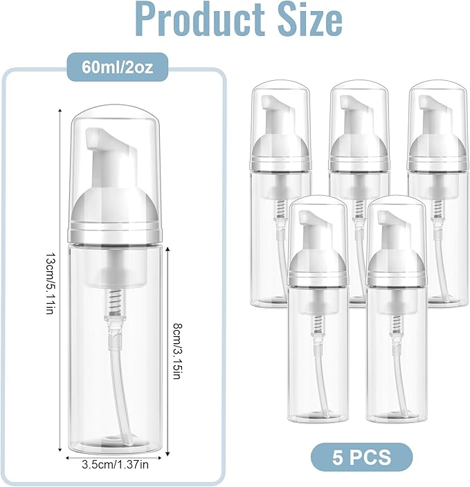 5 Pack 2 oz Travel Foam Pump Bottle, 60 ml Foam Dispenser, Clear PET Foaming Pump Bottle for Hand Soap, Shampoo, Hair Mousse, Self-Tanner, Facial Cleansers (5, Transparent)