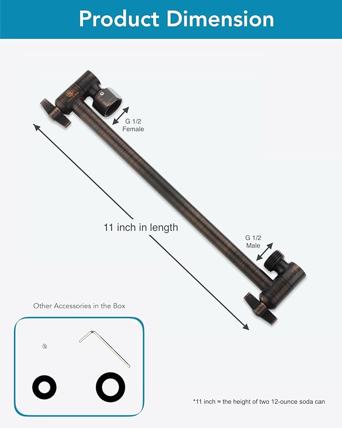 11 Inch Adjustable Shower Head Extension Arm With Locking Set Screw, Singing Rain Brass Angle Height Adjustable, Easy To Install, G1/2 Universal Connector Compatible (Oil Rubber Bronze)