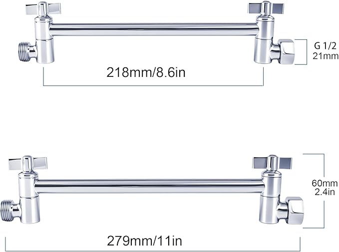 Heavy Duty Adjustable Shower Arm, 11" Brass Extension with Gear Lock Teeth & Swivel Nut, Strong Load Support, No Sagging, Keeps Shower Head Straight, Leak-Free, G1/2 Universal (Chrome)