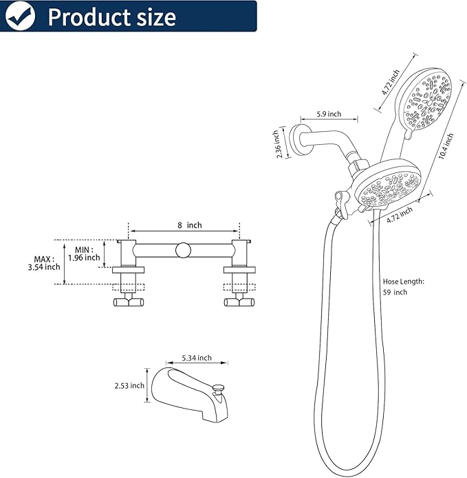 2 Handles Shower Faucet Set with Tub Spout Bathtub Shower Faucet Combo Set Shower System Complete Tub and Shower Trim Kit Matte Black Wall Mounted Shower Fixtures