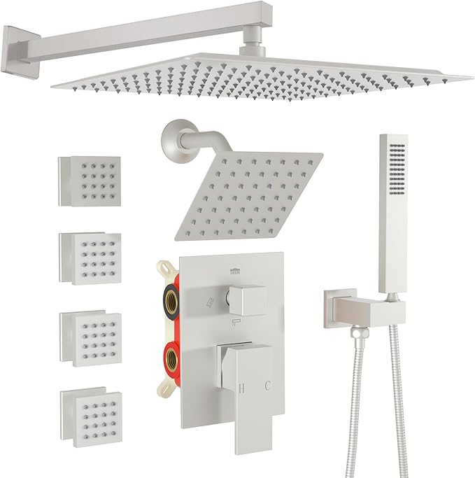 Enga Dual Shower Head System with Body Jets, 12"+ 6" Wall Mounted Dual Rain Shower Faucet with Valve Kit, Brushed Nickel