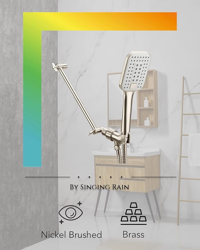 11 Inch Adjustable Shower Head Extension Arm With Locking Set Screw, Singing Rain Brass Nickel Brushed Angle Height Adjustable, Easy To Install, G1/2 Universal Connector Compatible (Nickel Brushed)