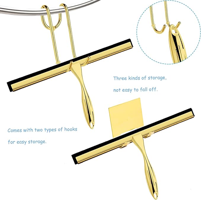 Shower Squeegee for Glass Doors, 12 Inches Bathroom Squeegee with Spare Silicone Blade, Shower Door Hook and Adhesive Hook, Stainless Steel Bathroom Squeegee for Mirror Window (12in-Gold-1 Pack)