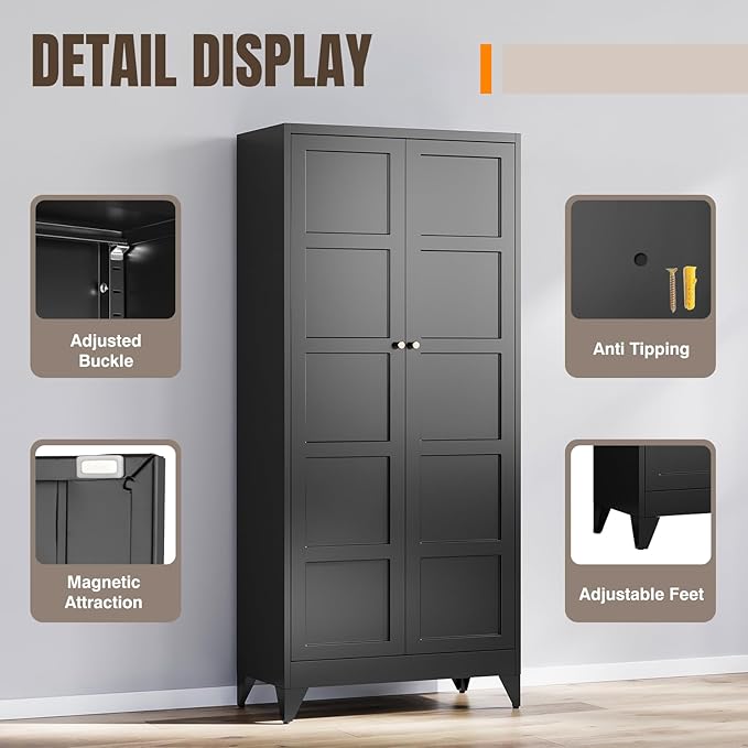 Yizosh Metal Storage Cabinet with 2 Doors and 4 Adjustable Shelves - 71" Black Kitchen Pantry Storage Cabinet,4-Tier Tall Steel Cabinet Locker for Living Room,Dining Room,Kitchen