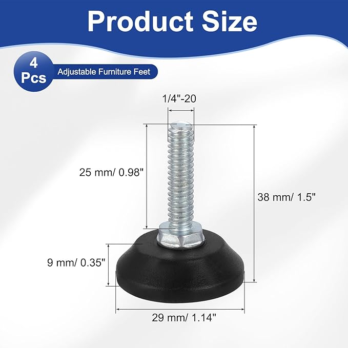uxcell 1/4"-20 Thread Furniture Feet Levelers, 4Pcs 25mm l Adjustable Furniture Feet Screw in Threaded Leveling Leg Screw on Chair Foot Glides Leveling for Table Chair Cabinet Black