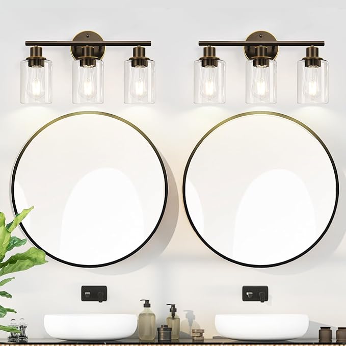 3-Light Bathroom Light Fixtures, Brown and Gold Bathroom Wall Lights, Modern Vanity Light with Clear Glass Shade, Bathroom Wall Lamp for Mirror Hallway Cabinet