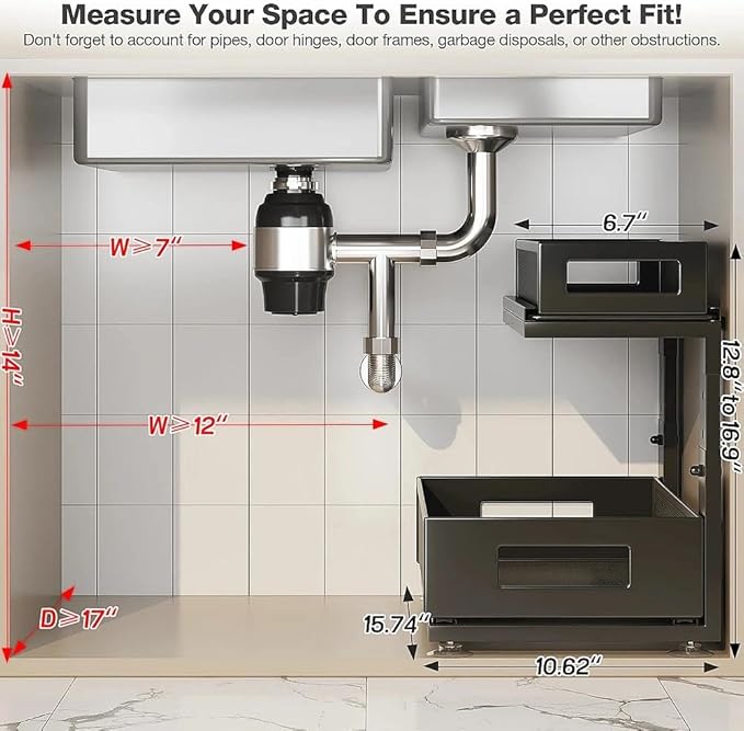 1 Pack 10.8"-14.9" H Under Sink Organizers and Storage Height Adjustable,2-Tier Pull Out Under Cabinet Shelf Organizer,Multi-Use Slide Out Drawer for Bathroom Kitchen Laundry-Black