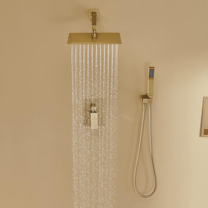 Rain Shower System 12 Inches Shower Combo Set Brushed Gold Wall Mount Faucet Bathroom Faucets with Rainfall Shower Head and Hand Shower