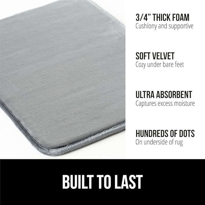 GORILLA GRIP Memory Foam Bath Rugs, Soft Absorbent Velvet Bathroom Mats, Durable Dots on Underside, Machine Washable Bathmat, Carpet Rug Room Decor for Shower Floor, 60x24 Mat, Graphite Gray